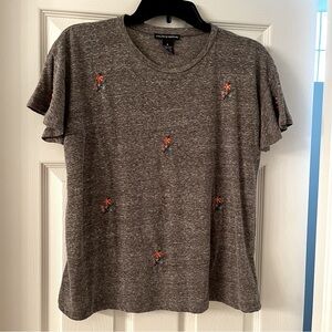 Chelsea & Theodore Heather Gray Embroidered Flowers Flutter Sleeve Shirt Medium